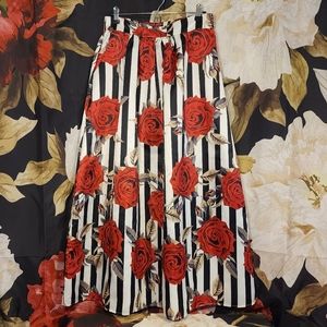 High-waisted pleated black & white striped maxi skirt with red roses (L)
